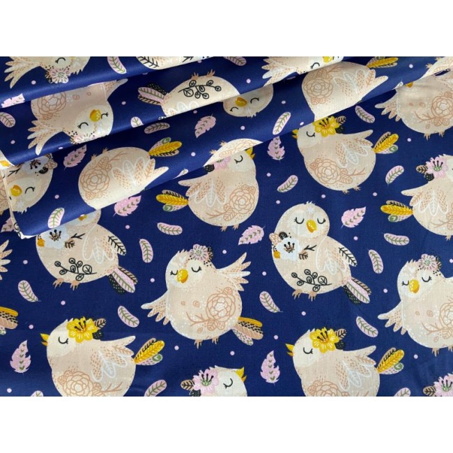 Cotton Fabric - Sparrows and Feathers on Navy Blue
