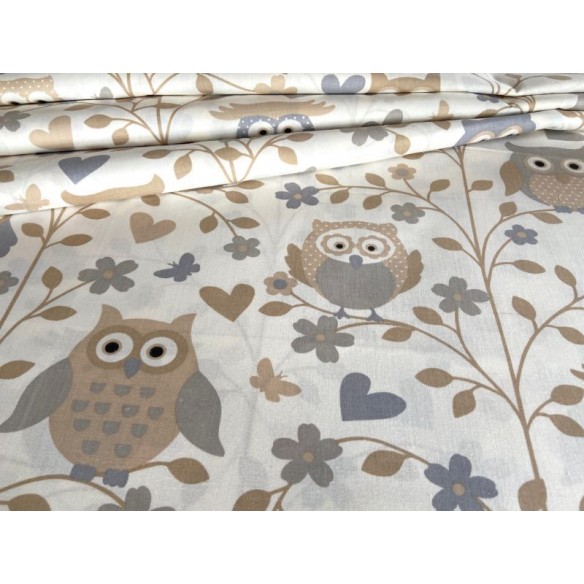 Cotton Fabric - Beige Owls