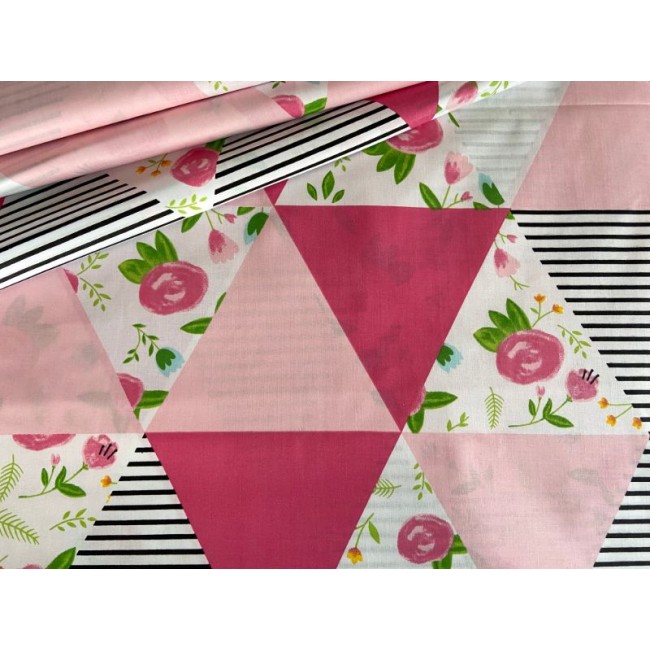 Cotton Fabric - Patchwork Triangles and Flowers Pink