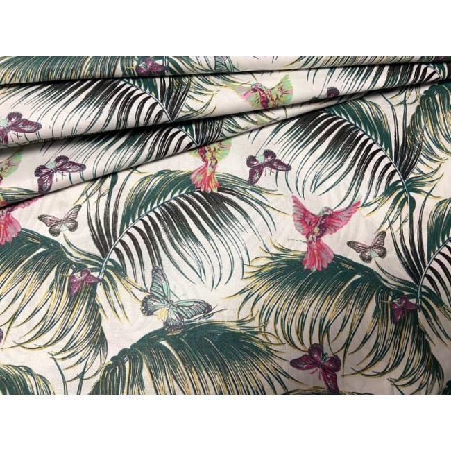 Cotton Fabric - Tropical Monstera Butterflies and Birds