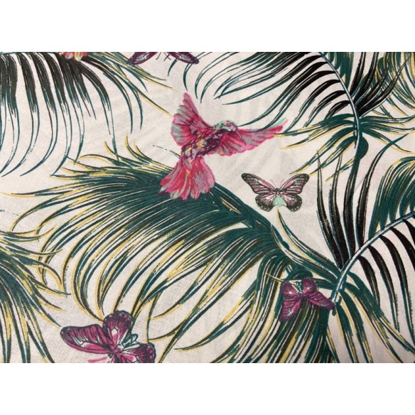 Cotton Fabric - Tropical Monstera Butterflies and Birds