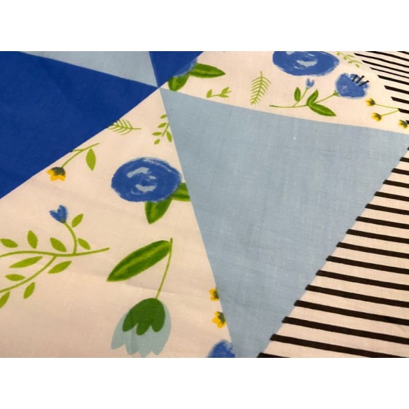 Cotton Fabric - Patchwork Triangles and Flowers Blue