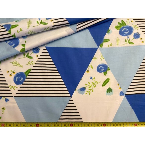 Cotton Fabric - Patchwork Triangles and Flowers Blue