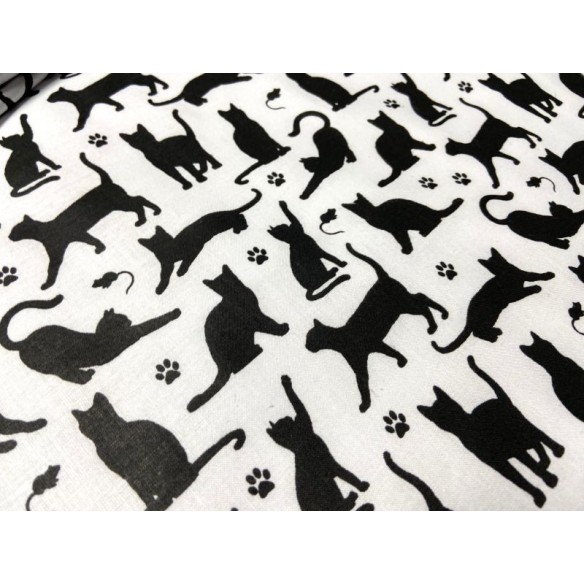 Cotton Fabric - Cats and Paws on White