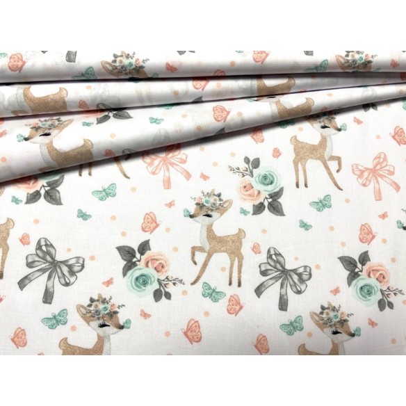 Cotton Fabric - Deer Flowers and Bows on White