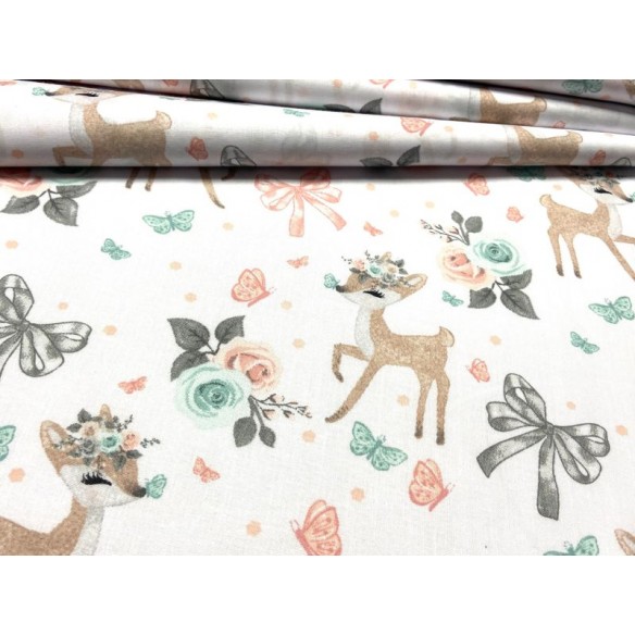 Cotton Fabric - Deer Flowers and Bows on White