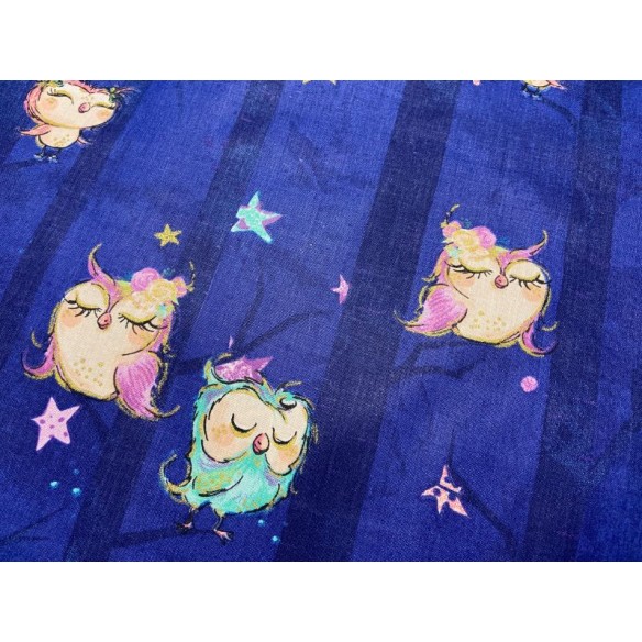 Cotton Fabric - Owls with Gold Detailing on Navy Blue
