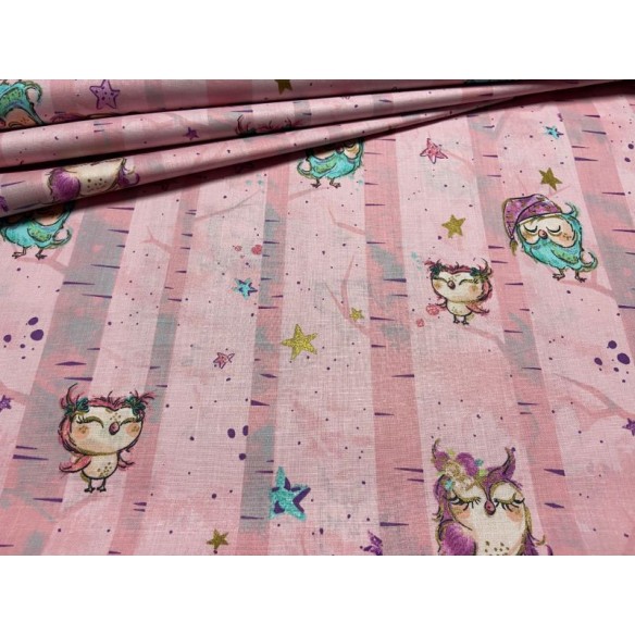 Cotton Fabric - Owls with Gold Detailing on Pink