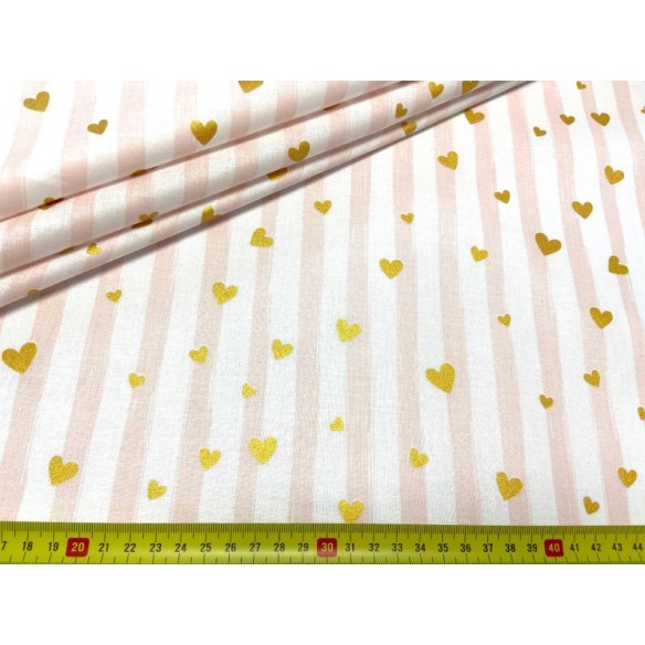 Cotton Fabric - Gold Hearts on Stripes