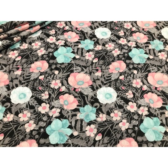 Cotton Fabric - Black Flowers