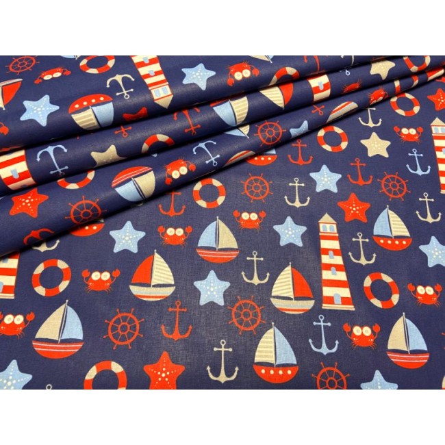 Cotton Fabric - Lighthouses Ships and Crabs