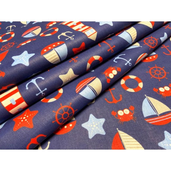 Cotton Fabric - Lighthouses Ships and Crabs