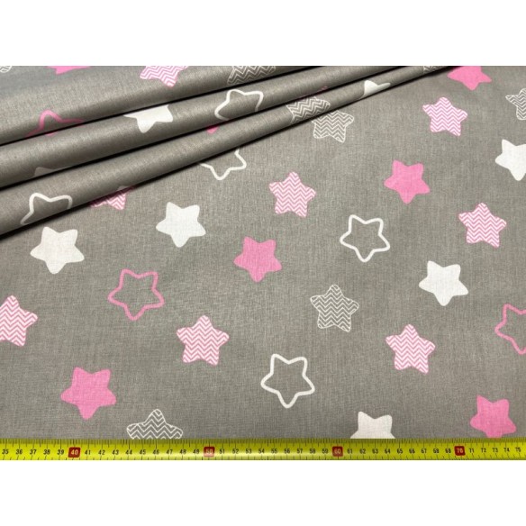 Cotton Fabric - Stars with Zigzag Pink on Grey