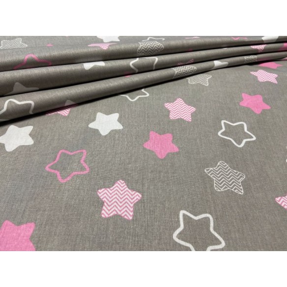 Cotton Fabric - Stars with Zigzag Pink on Grey