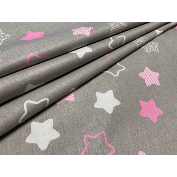 Cotton Fabric - Stars with Zigzag Pink on Grey