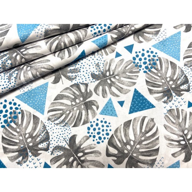 Cotton Fabric - Blue Palm Leaves and Triangles