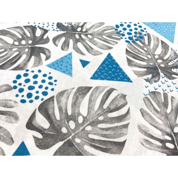 Cotton Fabric - Blue Palm Leaves and Triangles