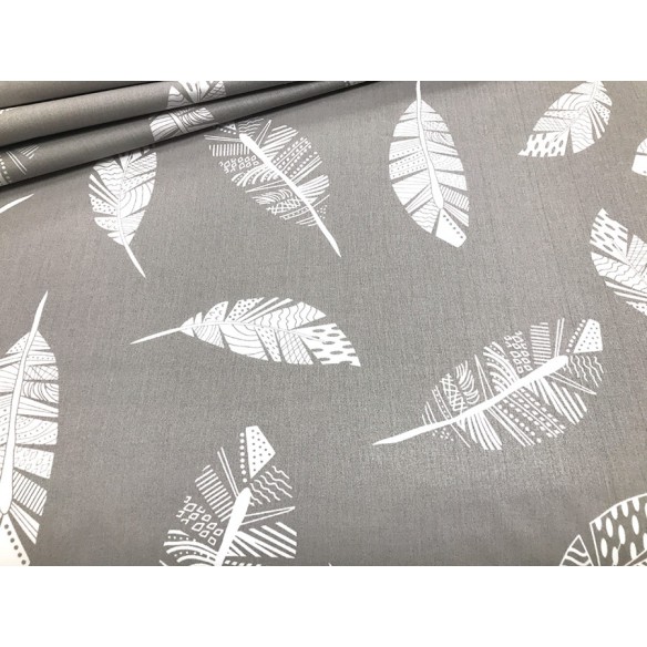 Cotton Fabric - Feathers on Grey