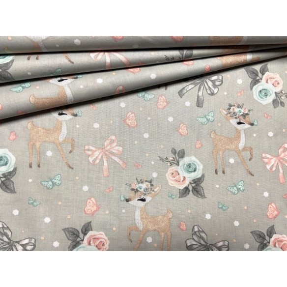 Cotton Fabric - Deer Flowers and Bow on Grey