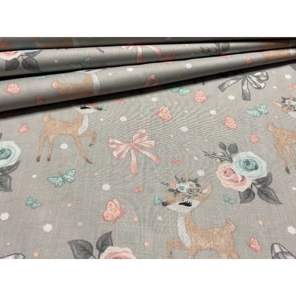 Cotton Fabric - Deer Flowers and Bow on Grey