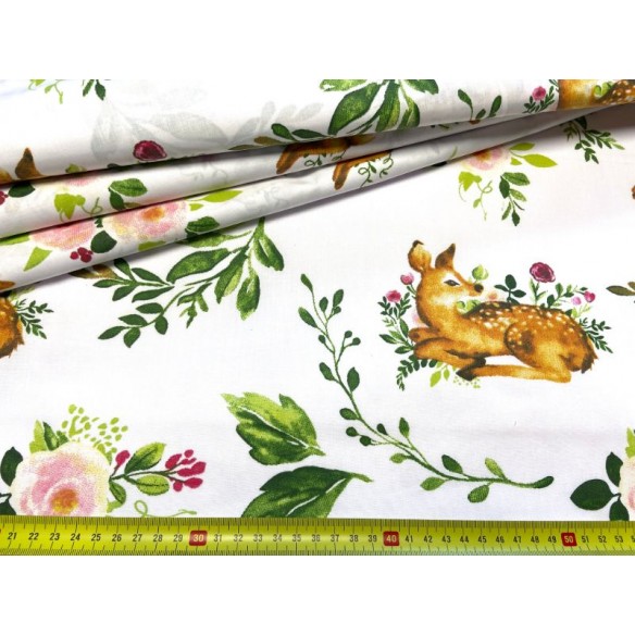 Cotton Fabric - Deer and Flowers on a Meadow