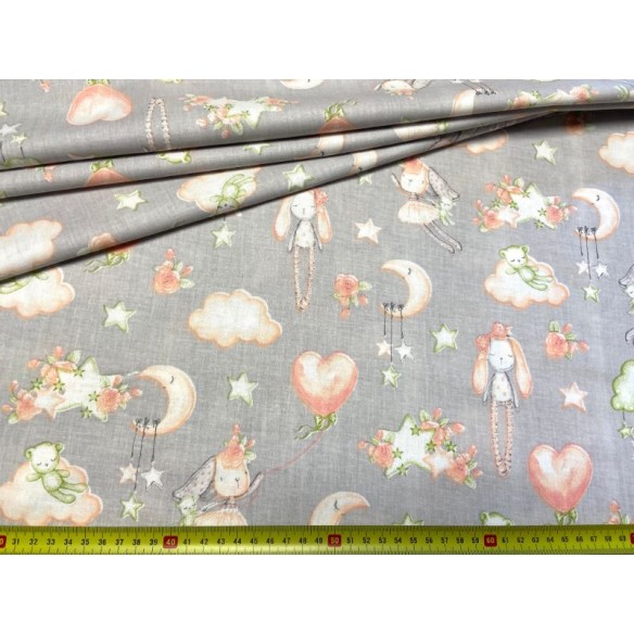 Cotton Fabric - Dolls and Balloons on Grey
