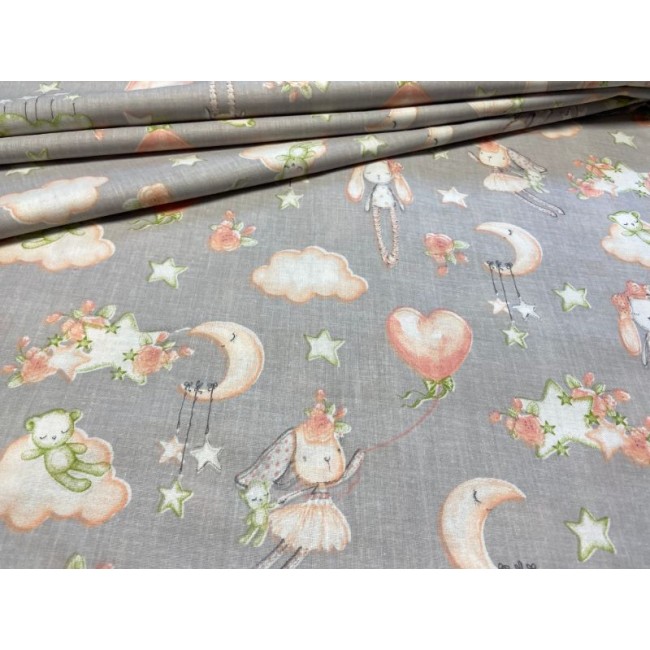 Cotton Fabric - Dolls and Balloons on Grey