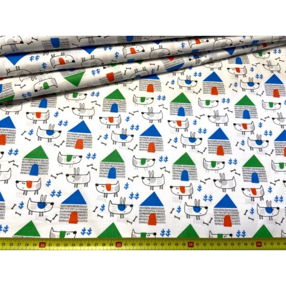 Cotton Fabric - Dogs and a Dog House