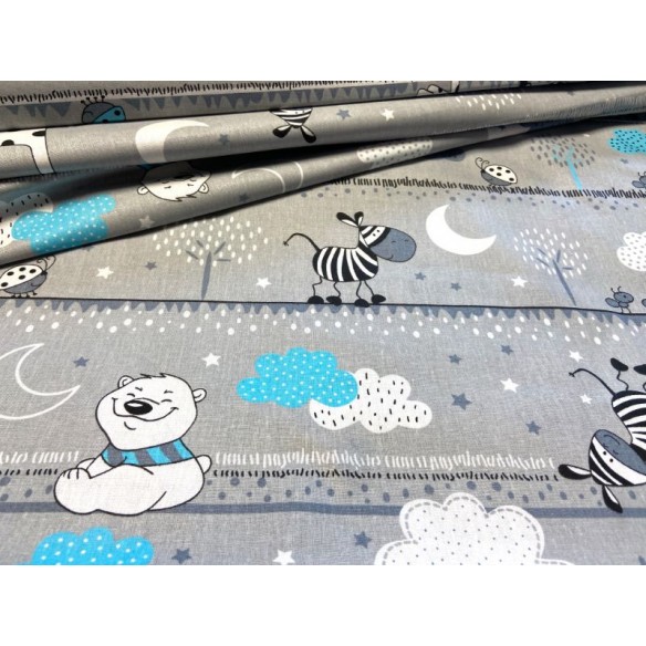 Cotton Fabric - Bears and Zebras on a Line Blue