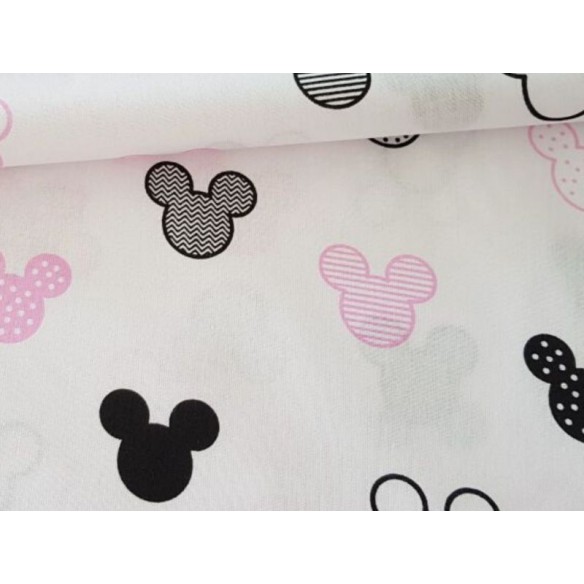 Cotton Fabric - Mickey Mouse Patterns Pink on White