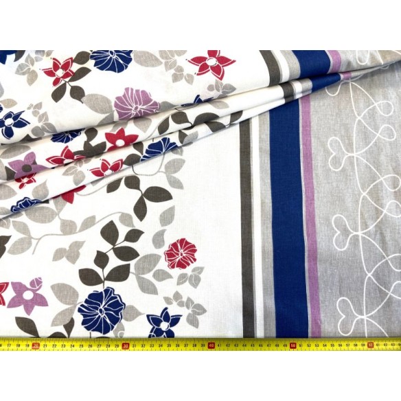 Cotton Fabric - Grey Leaves and Colorful Flowers