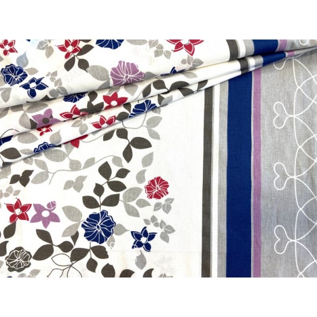 Cotton Fabric - Grey Leaves and Colorful Flowers