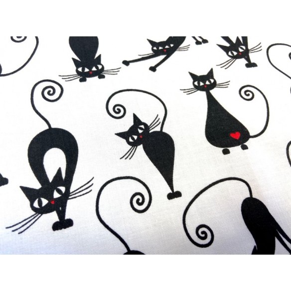 Cotton Fabric - Cats and Hearts on White