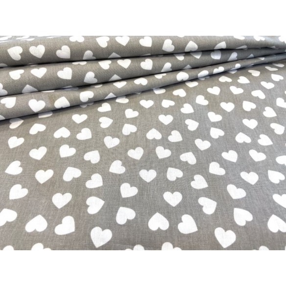 Cotton Fabric - White Hearts on Grey