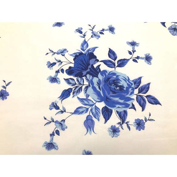 Bavlnená látka - modré ruže na bielej