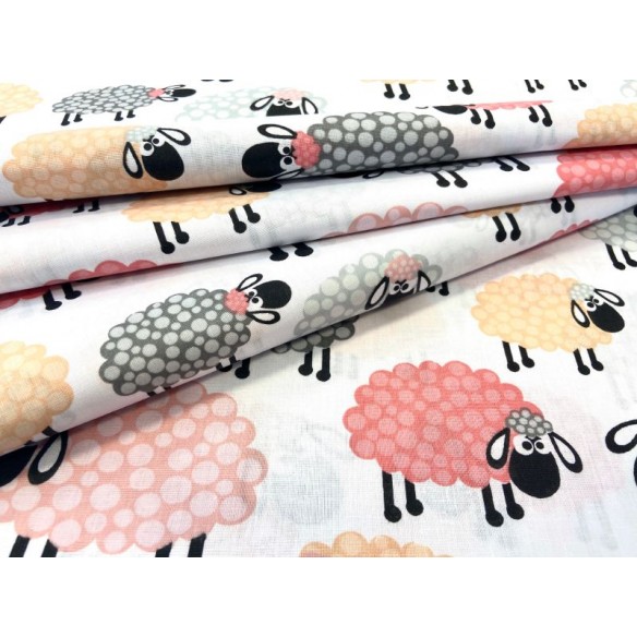 Cotton Fabric - Pink Yellow and White Sheep