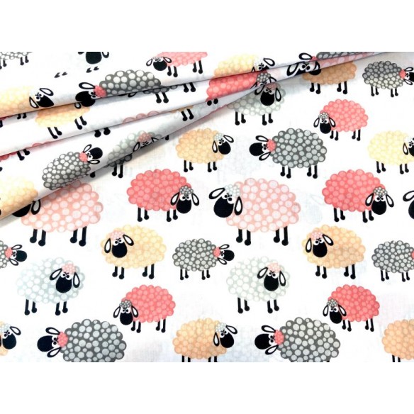 Cotton Fabric - Pink Yellow and White Sheep