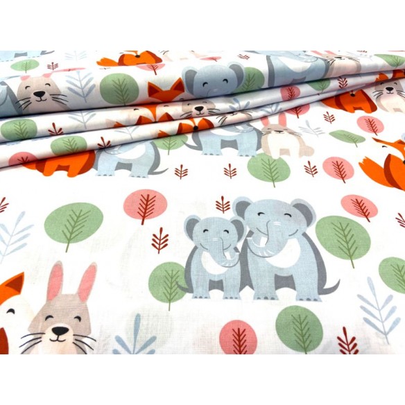 Cotton Fabric - Elephants Bunnies and Foxes in the Forest