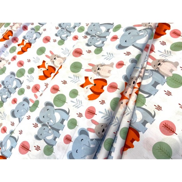 Cotton Fabric - Elephants Bunnies and Foxes in the Forest