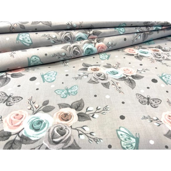 Cotton Fabric - Colorful Roses and Butterflies on Grey