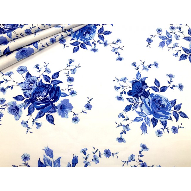 Bavlnená látka - modré ruže na bielej