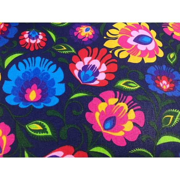 Cotton Fabric - Łowicz Folklore Pattern Navy Blue