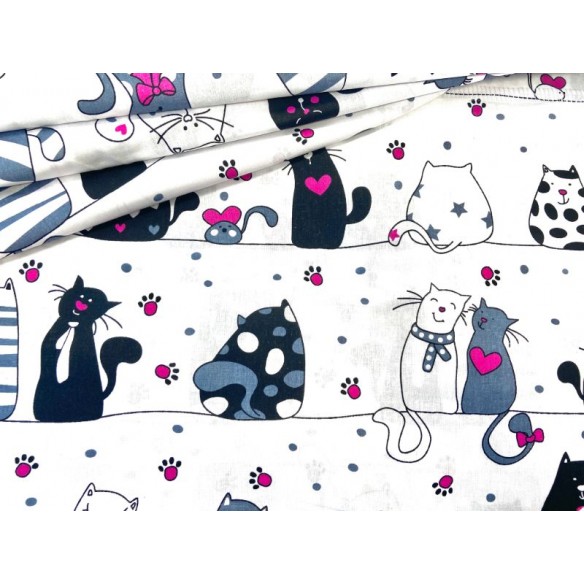 Cotton Fabric - Cats on a Line Amaranth and White