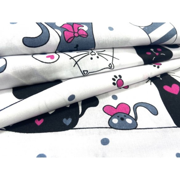Cotton Fabric - Cats on a Line Amaranth and White