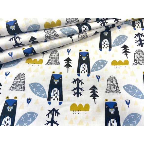 Cotton Fabric - Blue Beavers in the Forest