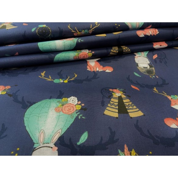 Cotton Fabric - Baloons Foxes and Hedgehogs Navy Blue