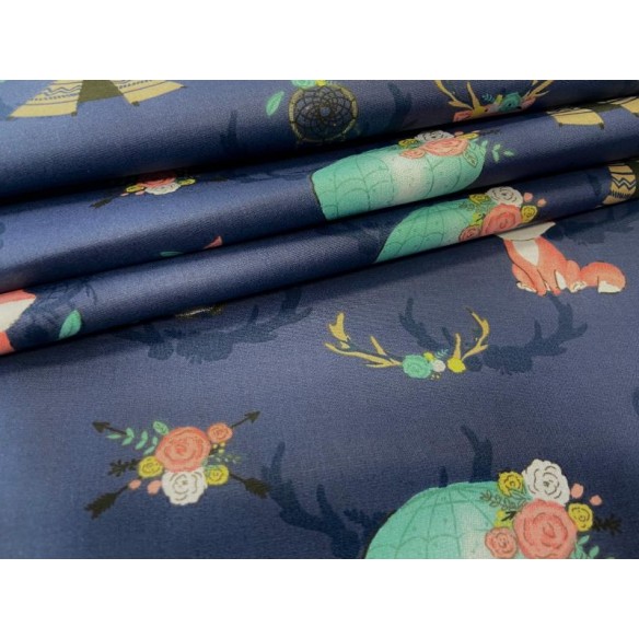 Cotton Fabric - Baloons Foxes and Hedgehogs Navy Blue