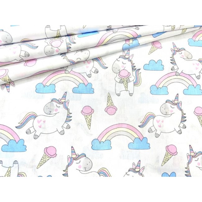 Cotton Fabric - Unicorns Rainbow and Ice Cream White