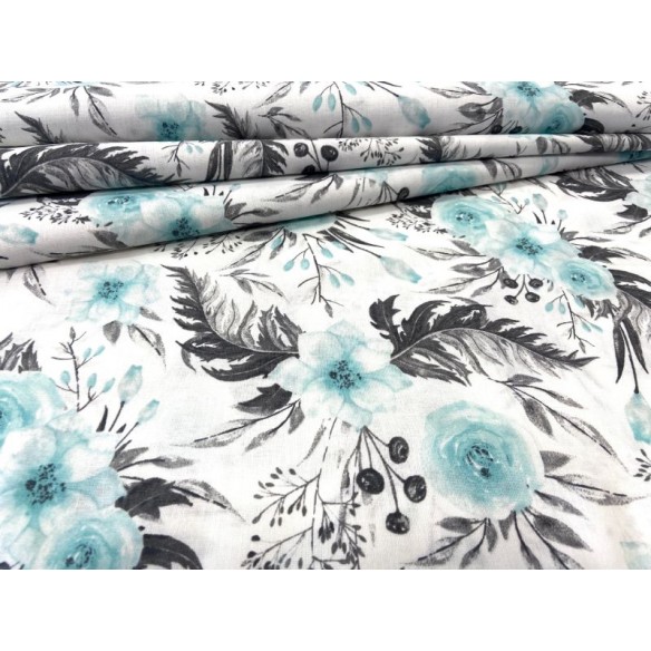 Cotton Fabric - Roses in the Garden Mint