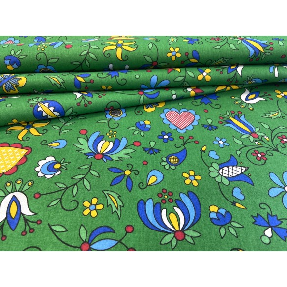 Cotton Fabric - Kashubia Folklore Green